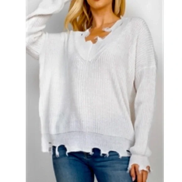 ✨THE PERFECT WEIGHT WHITE V-NECK DISTRESSED KNIT SWEATER-NEW‎ - Picture 8 of 9
